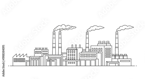 Industrial Factory Building with Smoke Stacks Emitting Smoke.