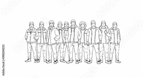 A group of young men stand together in a line, dressed in casual outerwear