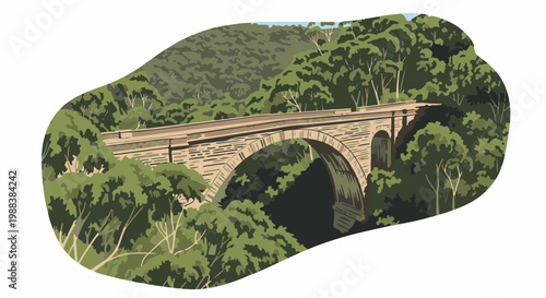 An old stone bridge arches over a dense green forest canopy