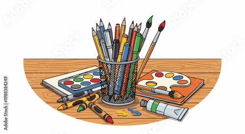 An assortment of art supplies, including a paint palette, watercolors, crayons, and pens, rests on a wooden surface