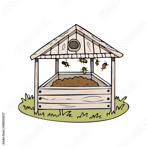 Illustration of a wooden compost bin with insects flying around it in a grassy area