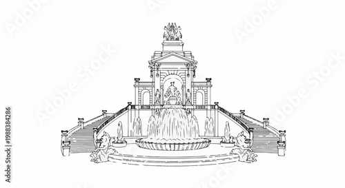 Ornate tiered fountain with statues, steps, and ornate animal figures