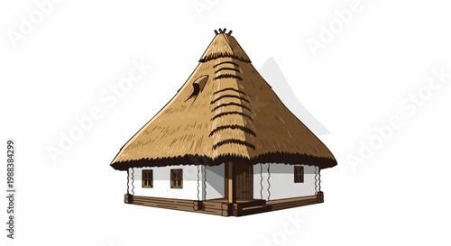 Traditional rural dwelling with a conical thatched roof and white walls