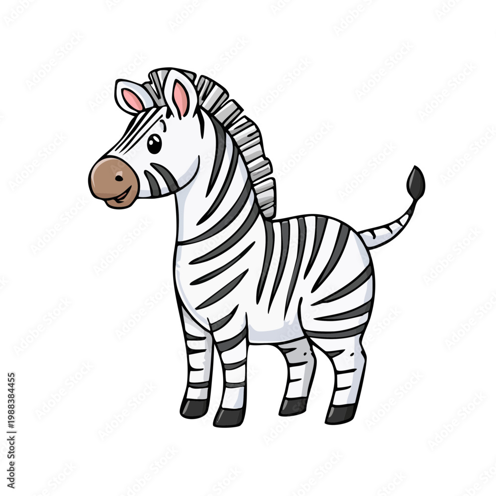 Fototapeta premium Cute cartoon zebra standing, black and white striped illustration