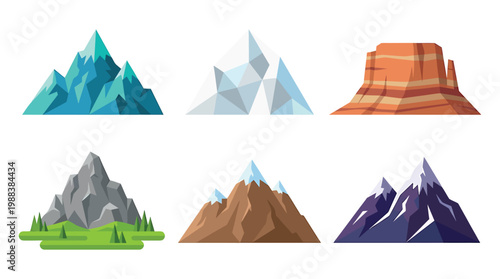 Six stylized mountain icons showcasing diverse landscape formations and terrains