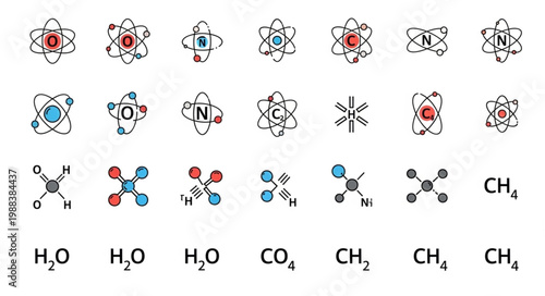 Collection of chemical molecular structures and atomic models.