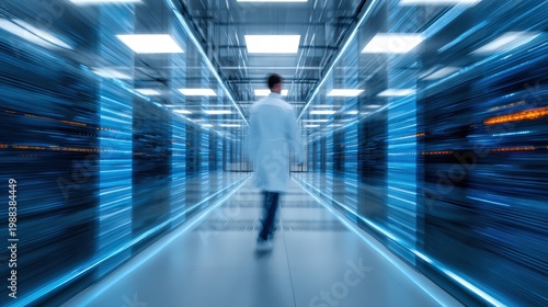 Modern supercomputer server room with blue led lights and blurred researcher in lab coat walking past racks, high speed infrastructure for health data analytics and artificial intelligence computing.