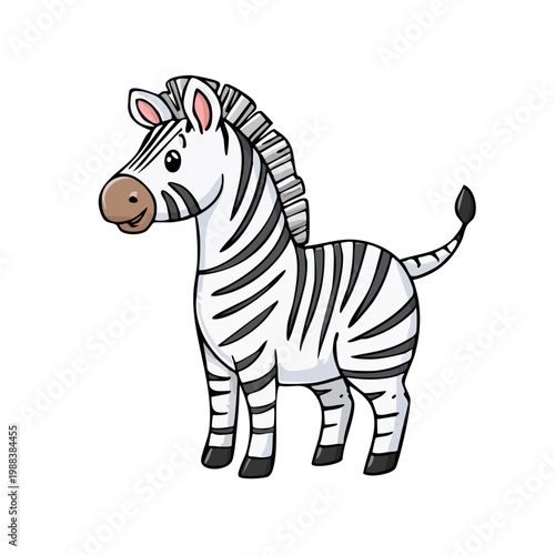 Cute cartoon zebra standing, black and white striped illustration