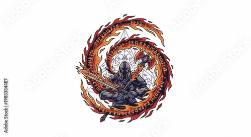 Warrior in armor with sword, axe, flames, and ancient runes