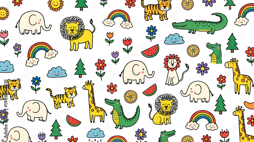 Obraz premium Whimsical illustration with various animals and plants, a vibrant pattern of a jungle or safari themed illustration