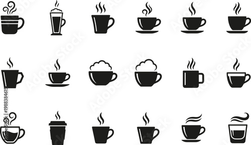 coffee cup icons set including mug espresso cup cappuccino latte takeaway coffee and steaming hot beverage silhouettes vector collection isolated on transparent background