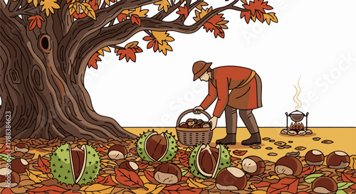 Person gathering chestnuts under a large tree in autumn with a campfire nearby