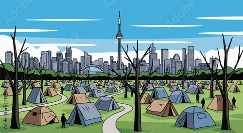 A city skyline overlooks a grassy park filled with tents and bare trees