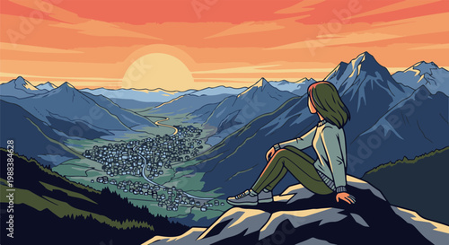 Woman overlooks mountain valley village at sunset