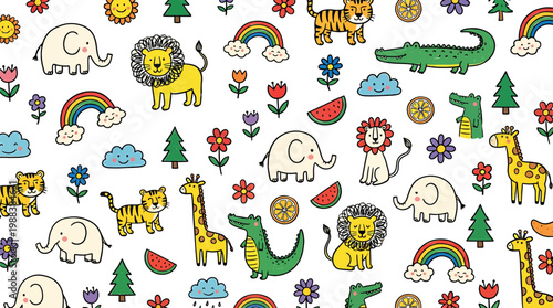 Whimsical illustration with various animals and plants, a vibrant pattern of a jungle or safari themed illustration