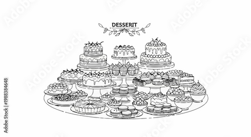 Elaborate display of various cakes, cupcakes, and fruit tarts on tiered stands