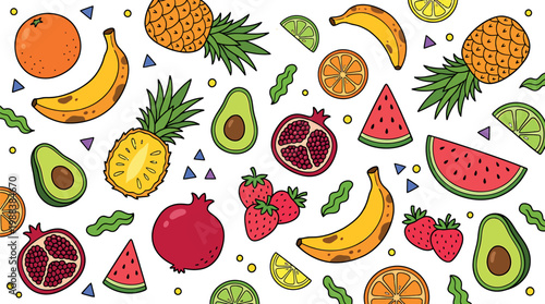 A vibrant arrangement of various fresh fruits, perfect for a healthy and refreshing theme. Featuring a variety of delicious fruits like orange, banana, pineapple, avocado, pomegranate, strawberry.