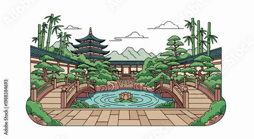 Pixel art Japanese garden with pagoda, bridges, and lotus pond