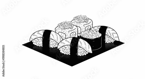 A black and white drawing of various sushi and rolls artfully arranged