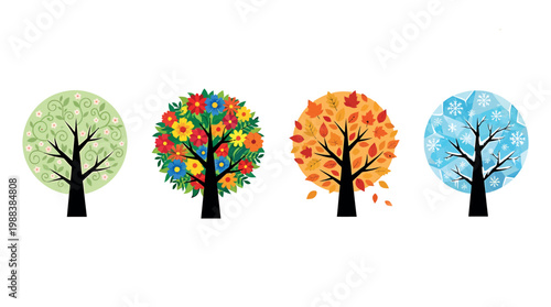 Four trees depicting the four seasons in a creative, colorful illustration