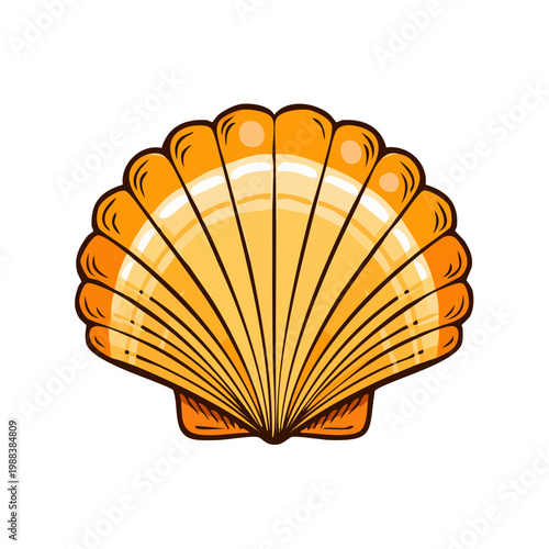 Vibrant orange scallop seashell with radiating lines and subtle shine, isolated on white background
