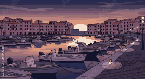 Boats docked in a pixelated harbor during a soft, hazy sunset