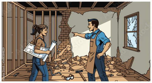 Two people in a room undergoing demolition, one holds blueprints