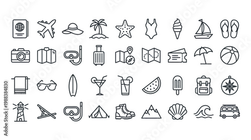 A collection of travel-related icons, each representing a different aspect of a vacation, like airplane and beach accessories.