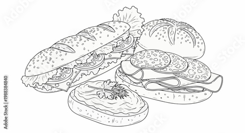 Black and white sketch of various layered sandwiches with fillings and bread