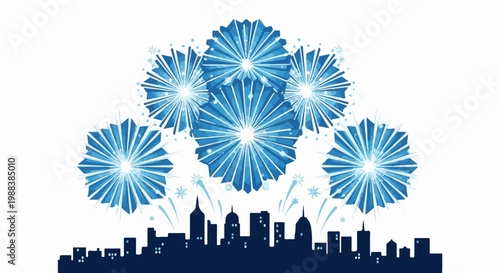 Blue fireworks explode over a dark city skyline