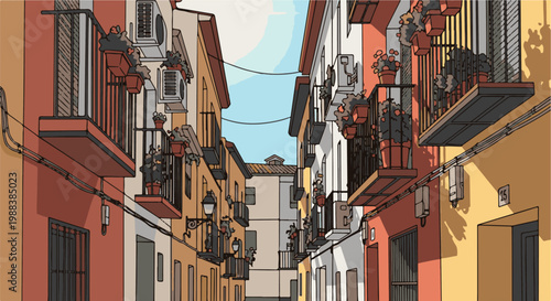 Colorful narrow street with balconies overflowing with plants