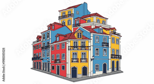 Colorful, multi-story buildings with red tiled roofs clustered closely together