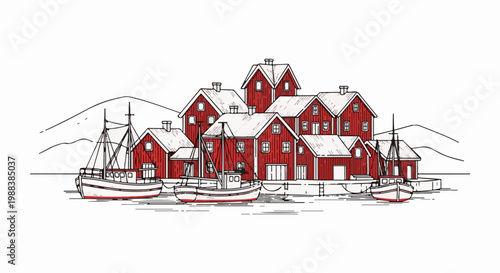 Scenic depiction of a waterfront village with traditional red buildings and boats