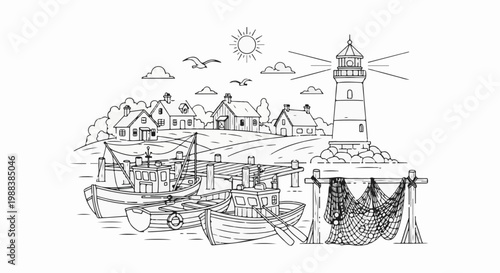 A tranquil coastal village with a lighthouse, fishing boats, and nets