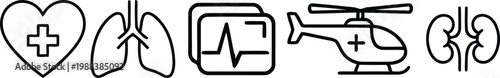 Medical and Healthcare Line Icons Set featuring Heart Care, Lungs, ECG Monitoring, Emergency Rescue Helicopter, and Kidneys for Hospital Diagnostic and Emergency Service Design.