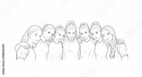 Seven young girls with their arms around each other, looking forward