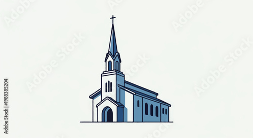 Blue and white stylized drawing of a church with a steeple and cross