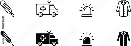 Medical Emergency Icon Set with Ambulance Thermometer Siren and Doctor Lab Coat in Outline and Glyph Vector Styles
