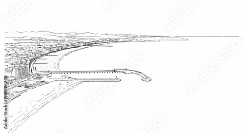 A line drawing depicts a curved coastline with a city, a bridge, a pier, and mountains in the distance