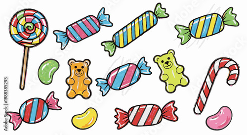 Assortment of colorful candies including lollipops, jelly beans, and gummy bears