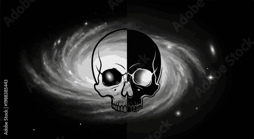 Bisection skull merges with swirling galaxy in stark monochrome