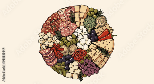 A circular platter overflowing with cured meats, cheeses, olives, and fruits