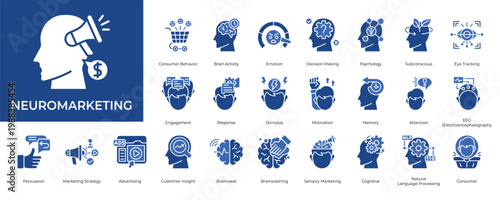 Neuromarketing Icon set Collection in Glyph Two Color Style. consumer, behavior, brain, activity, emotion, decision, psychology
