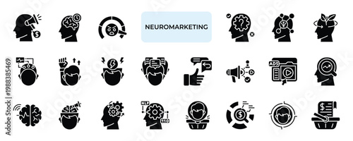 Neuromarketing Icon set Collection in Solid Glyph Style. consumer, behavior, brain, activity, emotion, decision, psychology