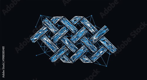 Abstract geometric weave of blue crystalline shapes on dark background
