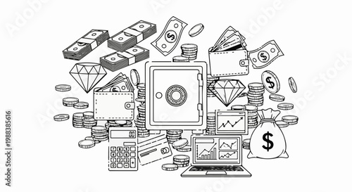A whimsical doodle depicts money, safekeeping, and financial analysis tools