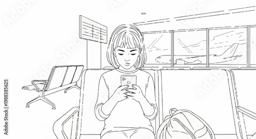 Woman engrossed in smartphone at airport waiting area with planes visible