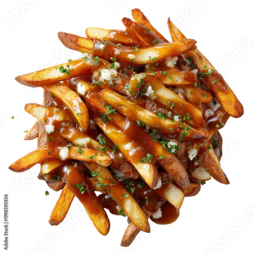 Poutine with crispy fries and gravy served on a white plate in a close-up view on transparent background