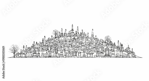 A densely packed, illustrated landscape of various mausoleums, tombs, and monuments