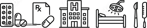 Hospital and Medical Care Icon Set with Pills Blister Pack Prescription RX Form Clinic Building Surgery Room Bed and Scalpel for Healthcare and Pharmaceutical Design.